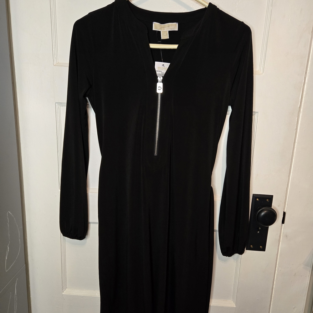 Michael Kors Elegant Black Long Sleeve Dress with Front Zipper